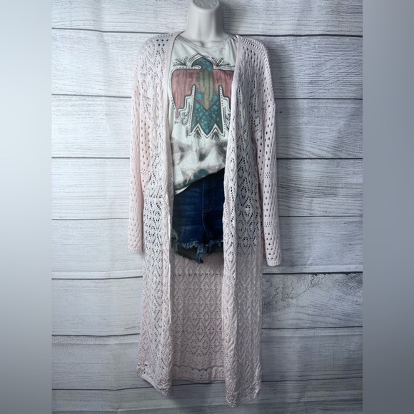 Boutique Brand Open Knit Tie Front Drop Shoulder Cardigan Duster Apricot 💗 - Picture 7 of 12